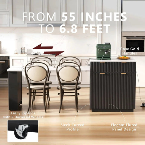 Badass Eighty Three Inch Waterproof Faux Marble Kitchen Cart With Integrated Power Hub Dual Side Rolling Drawers Ultimate Weekend Coffee Corner And Modern Dining Island Ready To Rock In Sharp Black showcasing sleek design and rose gold handles.