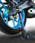 Portable Motorcycle Wheel Stand Front And Rear Stainless Steel Fifth Generation Upgrade For Most Motorcycles And Dirt Bikes Lets You Lift And Stabilize Wheels Grab And Go For Quick Repairs And Outdoor Washes installed on rear wheel