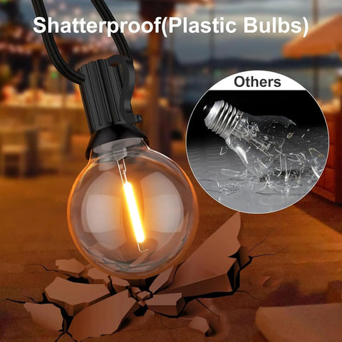 Close-up of 100 Ft G40 LED Outdoor String Lights with shatterproof bulb next to shattered glass bulb comparison