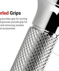 Close-up of knurled grips on a Three Eighths Inch Drive Wobble Extension Set With Three Six And Ten Inch Extensions For Angled Or Straight Use Double