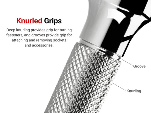 Close-up of knurled grips on a Three Eighths Inch Drive Wobble Extension Set With Three Six And Ten Inch Extensions For Angled Or Straight Use Double