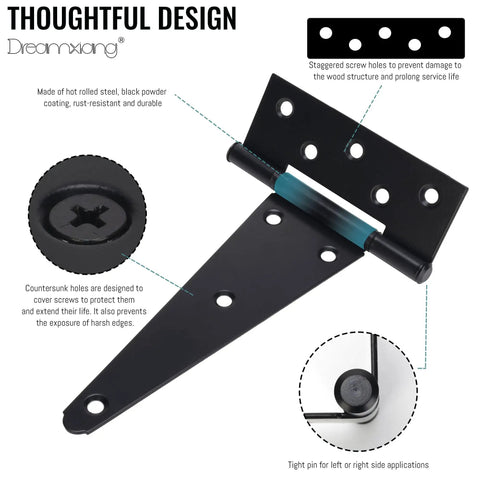 8 Inch T Strap Gate Hinges Heavy Duty For Shed Barn Door Black Tee Hinges For Wooden Fence Yard Gate Wrought Iron Rustproof 2 Pack Durable Weather Resistant Build, black steel hinge