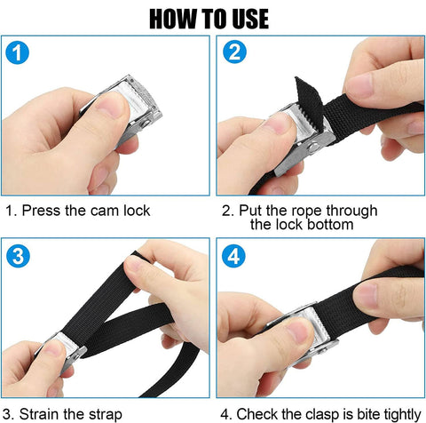 Instructional steps for using Six Pack 2.1Ft Lashing Straps With Buckle Beefy Heavy Duty Adjustable Tie Down Straps 65x2.5cm 100kg