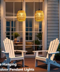 2 Pack Battery Operated Handwoven Natural Rattan Chandeliers Egg Shaped Boho Pendant Lights hanging in outdoor seating area.