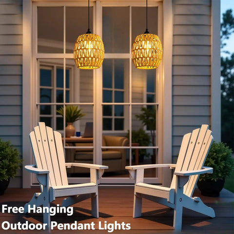 2 Pack Battery Operated Handwoven Natural Rattan Chandeliers Egg Shaped Boho Pendant Lights hanging in outdoor seating area.