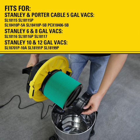 Person installing HEPA Cartridge Filter For Most 5 To 18 Gallon Wet Dry Vacuums Washable And Reusable Replacement in shop vac