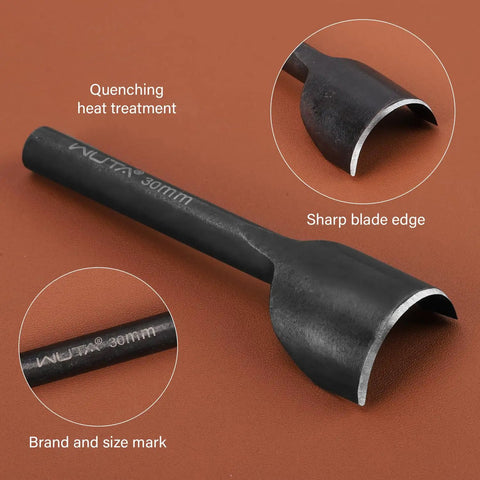 Close-up of a 30mm tool from the Half Round Leather Punch Set 11 Pcs Black Carbon Steel Leather Craft Tools showing blade and markings.