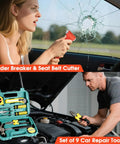 Emergency Roadside Tool Kit With Jumper Cables And Shovel Auto And Truck Vehicle Safety Kit Bag For Men And Women With First Aid Kit Winter Basic Roadside Essentials. Woman using window breaker and man with car repair tool kit.