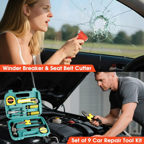 Emergency Roadside Tool Kit With Jumper Cables And Shovel Auto And Truck Vehicle Safety Kit Bag For Men And Women With First Aid Kit Winter Basic Roadside Essentials. Woman using window breaker and man with car repair tool kit.