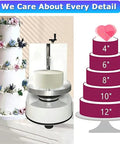 Automatic Electric Cream Spreader For Cake Decorating And Frosting Smoothing next to tiered cake size guide, showcasing 4 to 12 inch layers.