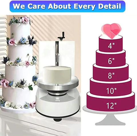 Automatic Electric Cream Spreader For Cake Decorating And Frosting Smoothing next to tiered cake size guide, showcasing 4 to 12 inch layers.