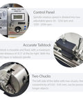 Control panel, tailstock, and dual chucks of Jaryannix 8x32 Inch Mini Metal Lathe, 1100W Benchtop Machine for precise operations.