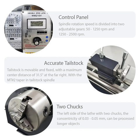 Control panel, tailstock, and dual chucks of Jaryannix 8x32 Inch Mini Metal Lathe, 1100W Benchtop Machine for precise operations.