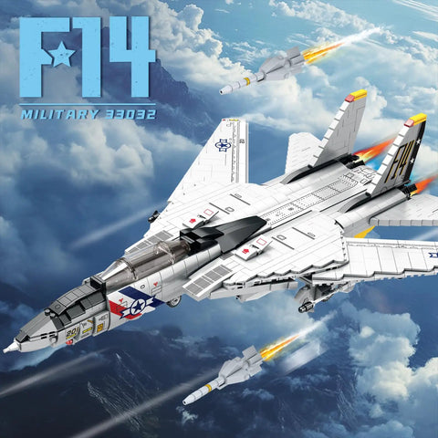 F-14 Fighter Jet Building Set with Movable Wings, Realistic Military Plane Model Kit For Adults in flight over clouds