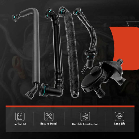 BMW Direct Fit Crankcase Vent Valve Breather Hose Kit PCV With Ventilation Separator Premium 5 Piece Set displayed on black background
