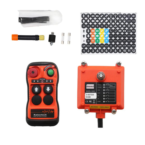 Heavy Duty Industrial Wireless Remote Control For Hoists And Cranes ACDC 12-24V with transmitter, receiver, and accessories.