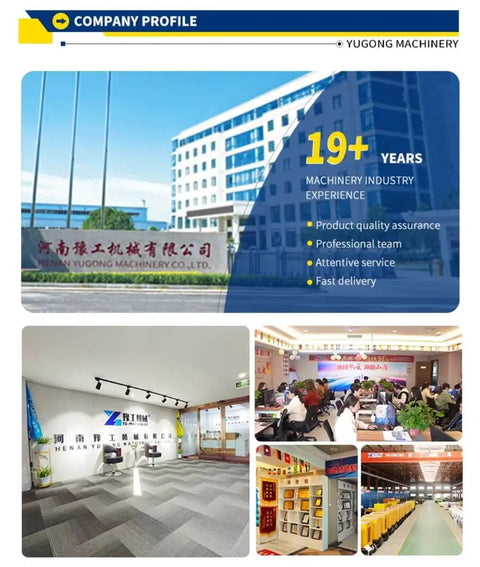 Company profile collage showcasing Henan Yugong Machinery Co. Ltd. headquarters, office interior, and team collaboration.