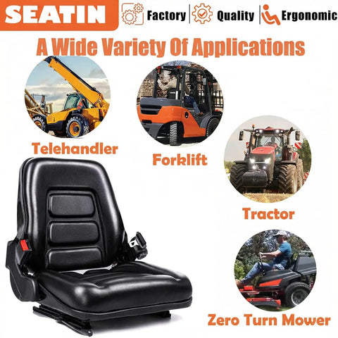 Universal Heavy Duty Operator Seat Skid Steer Tractor Backhoe Excavator with adjustable backrest and safety belt for various machines.