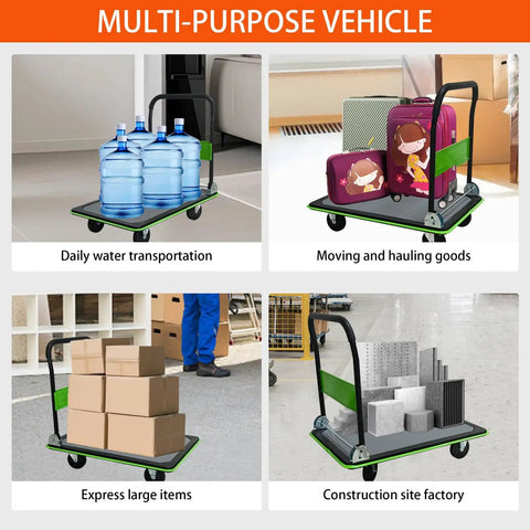 Beefy Heavy Duty Flatbed Cart 660 Lb Platform Hand Truck Foldable Push Cart With 360 Degree Rotating Polyurethane Wheels Spring Assisted Quick Fold Green Ergonomic Armrest Cargo Retention Plate For Easy Loading And Storage, moving boxes and water