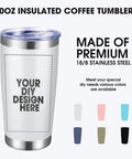 Hit The Spot With Top Shelf Custom 20 Oz Stainless Steel Tumblers 100 Pack Includes Lid Straw And Double Wall Insulation Designed For Vivid Logos And Photos Printed In Usa, 20 oz insulated tumbler in white with DIY design area.