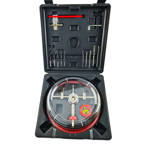 Front view of AeKeatDa adjustable hole saw cutter kit (1-5/8–8 in) with ABS dust cover and red ring in a case