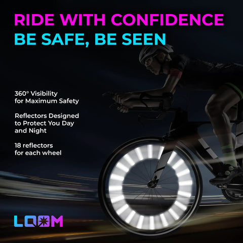 Cyclist with illuminated wheels using Dope 72 Piece Bike Spoke Reflectors Gift Pack With 8Cm Reflective Clips For Bicycles 360 Degree High Visibility Spoke Skins Night Safety Accessories For MTB Road Bikes E Scooters And Kids.