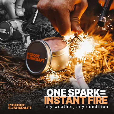 Emergency Fire Starter Kit With Waterproof And Windproof Design, Five Minute Burn, igniting sparks near fire plugs outdoors.