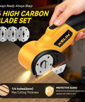 Heavy Duty Electric Box Cutter With 3000Mah Rechargeable Battery And Four Sharp Blades cutting through cardboard with protective guard.
