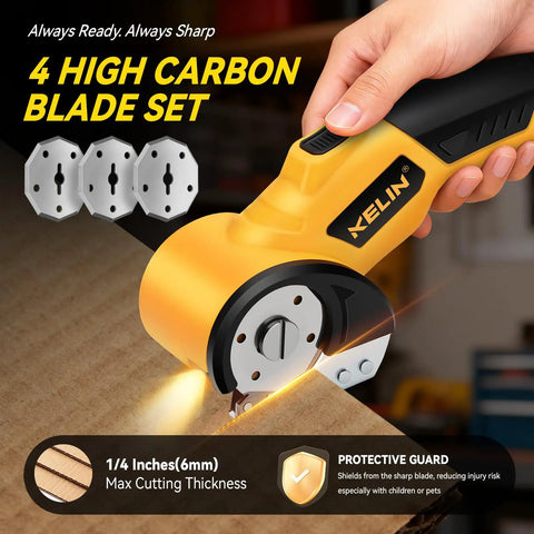 Heavy Duty Electric Box Cutter With 3000Mah Rechargeable Battery And Four Sharp Blades cutting through cardboard with protective guard.