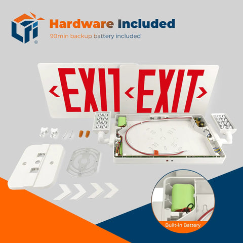 Red LED Exit Sign With Emergency Lights In White Housing UL 924 Listed 120 To 277 VAC Hardwired With Battery Backup Damp Location Rated 157 Lumen Output 3.3 Watt Low Power NiMH Battery Backup Optional Double Face And Knockout Arrows