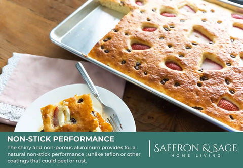 Heavy Duty Aluminum Half Sheet Pan With Stainless Steel Cooling Rack Set, 13x18 Inches, with baked cake on top, placed on wooden surface.