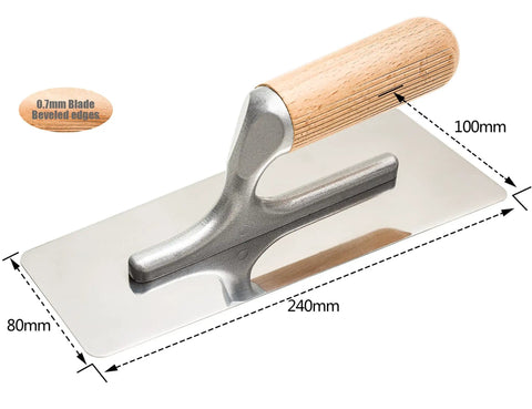 Pro Grade Stainless Steel Venetian Plaster Trowel with polished finish, 240x80mm blade, wood handle, beveled edges, for plastering.
