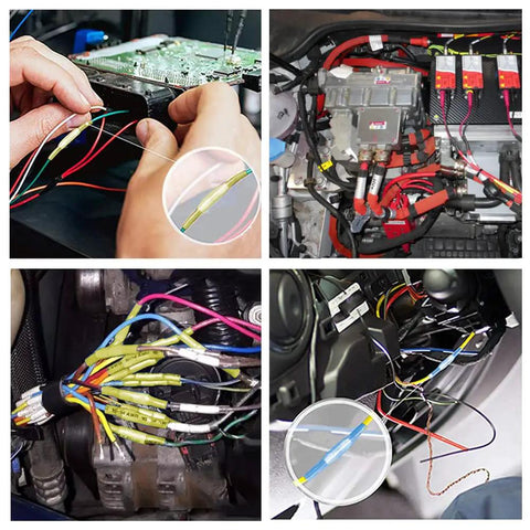 Blue Heat Shrink Butt Connectors For 16 14 AWG Wiring Waterproof And Insulated Electrical Crimp Connectors Tinned Red Copper 0.8mm Barrel Built For Auto Marine Boat Stereo Wiring 200 Pack shown in various wiring setups.