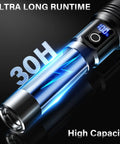 Beastly Bright USB C Rechargeable Flashlight 99000 Lumens Zoomable Tactical Light showing 30-hour runtime and digital display