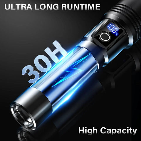 Beastly Bright USB C Rechargeable Flashlight 99000 Lumens Zoomable Tactical Light showing 30-hour runtime and digital display