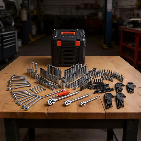 Durable 297-Piece Mechanic Tool Set with Quarter Inch, Three Eighths Inch, and Half Inch Drive Sockets displayed on table