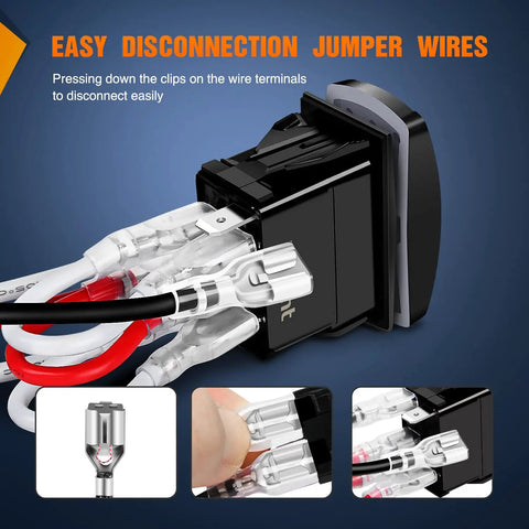 Seven Pin DPDT Rocker Switch With Blue Jumpers On Off On Dual Load Control 20A 12V DC And 10A 24V DC Rated Easy Install Replacement For OEM Switch Panels Ideal For Cars Trucks Jeeps Boats RVs, black switch with quick-disconnect terminals