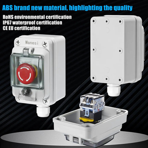 Rugged IP67 Outdoor Red Emergency Stop Button Switch Box With Protective Cover, showing front, back, and interior view