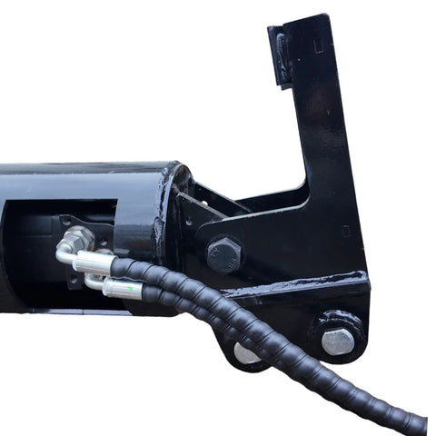 Close-up of Built Tough Mini Excavator Auger Drill Attachment showing mounting mechanism and hydraulic hose connection.