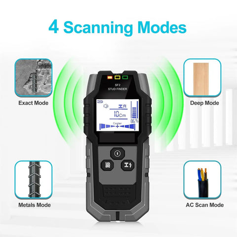 High Precision Wall Scanner Plus Metal Detector Locates Live Cables Wood Studs And Rusty Rebar With Rock Solid Accuracy showing 4 scanning modes.