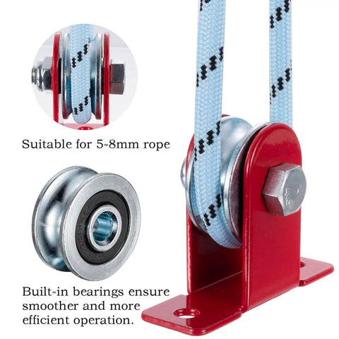 Rope Pulley System Kit With 32mm Wheel, Wall Mount, Ball Bearing Inside, For Quiet Smooth Spin, Heavy Duty Rope Pulley Set, DIY Ready Install, 2 Pack Durable Construction For Gym Garage Or Workshop Use, red pulley with rope