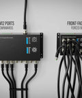 Comparison of downward-facing and front-facing connections on an 8-Port Industrial Gigabit PoE Switch With M12 X-Coded.