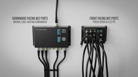 Comparison of downward-facing and front-facing connections on an 8-Port Industrial Gigabit PoE Switch With M12 X-Coded.