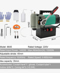 Heavy Duty 1450W Magnetic Drill Press With 1.4 Inch Max Drilling Diameter And 650RPM Speed, portable kit with accessories and dimensions.