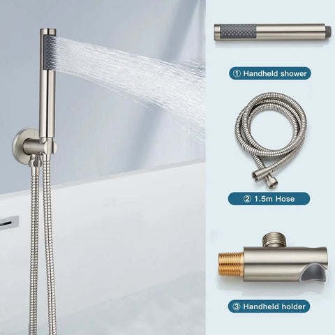 Brushed Nickel Wall Mount Tub Filler With 3 Handles Handheld Shower Waterfall Spout Valve Trim Kit High Flow Rate components