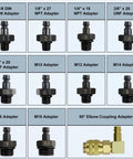 JoyFans oil pressure tester kit with blue case and assorted adapters (1/8 DIN to M18) and 90° elbow coupling