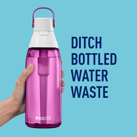 Hand holding Hard Sided Premium Filtering Water Bottle 36 Oz BPA Free And Reusable Reduces Chlorine Taste And Odor Filter Lasts Up To 2 Months Or 40 Gallons Includes One Filter Orchid Color Hydration On The Go against blue background.
