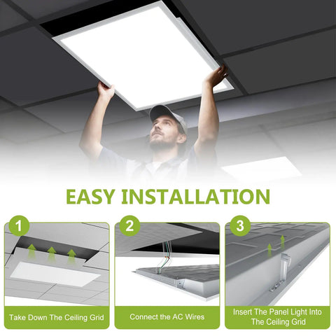 Installation of 2 Pack 2x2 LED Flat Panel Ceiling Light Duo, 5200 Lumens, 0-10V Dimmable, Five Color Temps, Drop Ceiling Mount
