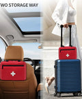 Compact First Aid Organizer Bag With Multiple Compartments For Travel Camping Hiking Car Home Use Red Emergency Medical Kit With Quick Access Transparent Pockets And Easy Grab Handle attached to car seat and suitcase.