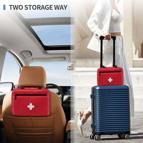 Compact First Aid Organizer Bag With Multiple Compartments For Travel Camping Hiking Car Home Use Red Emergency Medical Kit With Quick Access Transparent Pockets And Easy Grab Handle attached to car seat and suitcase.